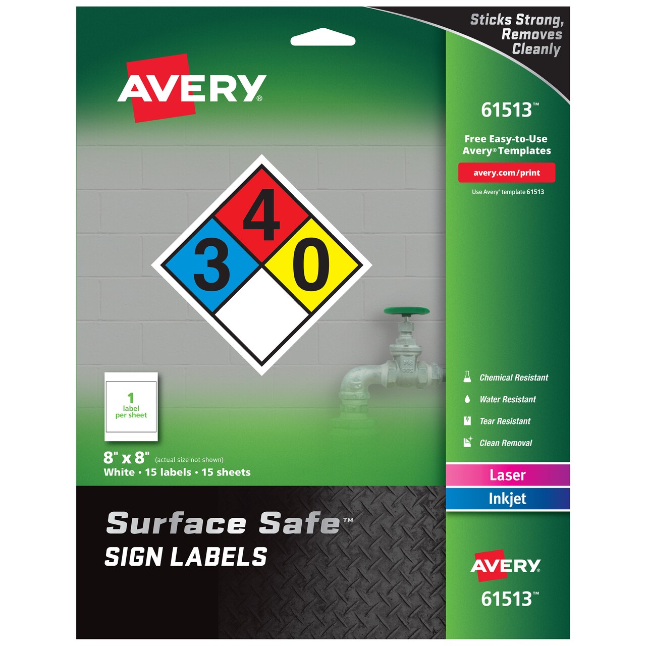 Avery Removable Label Safety Signs, 8" x 8", Printable, Water/Chemical Resistant, 15 Labels (61513)
